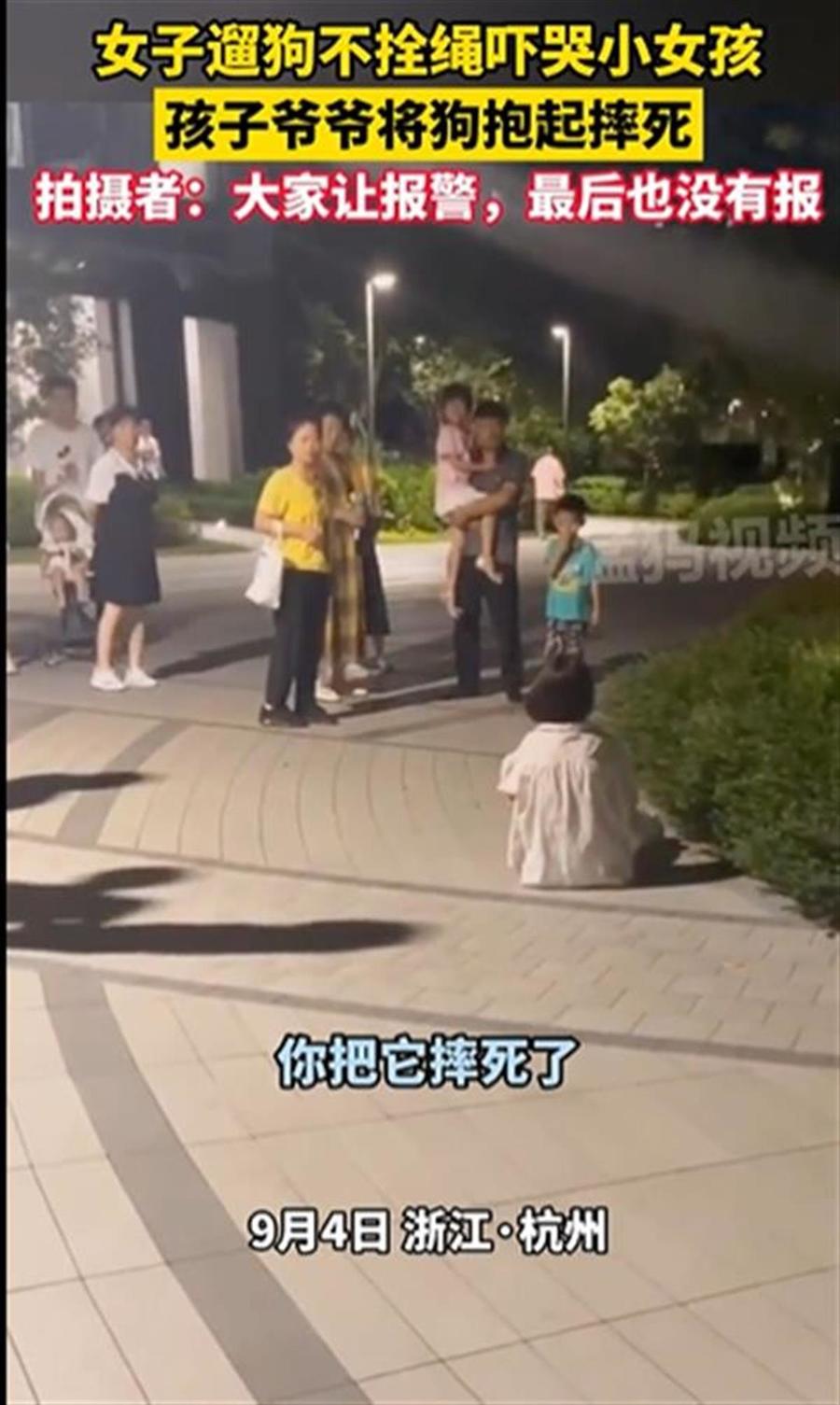 Videostandbild zum Fall in Hangzhou Xiaoshan, bei dem ein nicht angeleinter kleiner Hund nach dem Jagen eines Maedchens zu Tode geworfen wurde