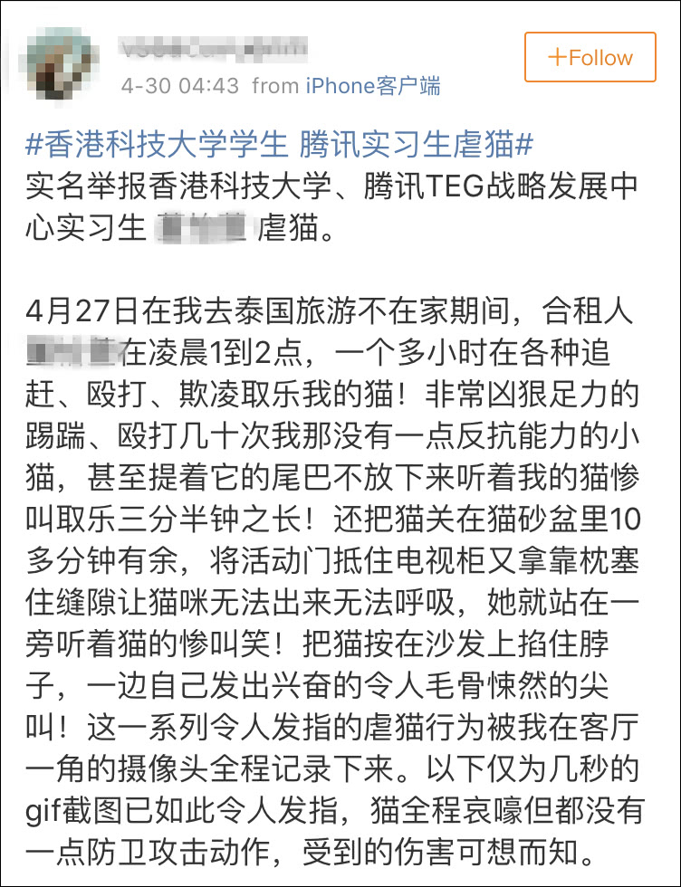 HKUST-Student Dong, Misshandlung der Katze eines Mitbewohners in Shenzhen