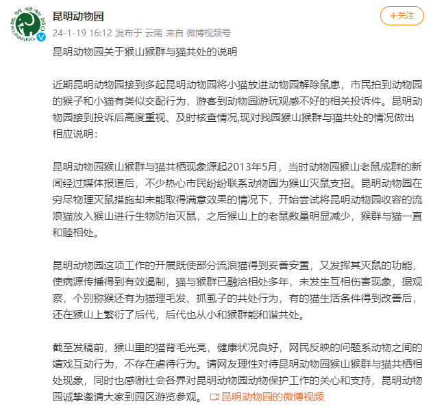 Screenshot der Mitteilung des Zoos Kunming vom 26. Januar 2024 zur gemeinsamen Haltung von Affen und Katzen, Quelle: Sina-Repost