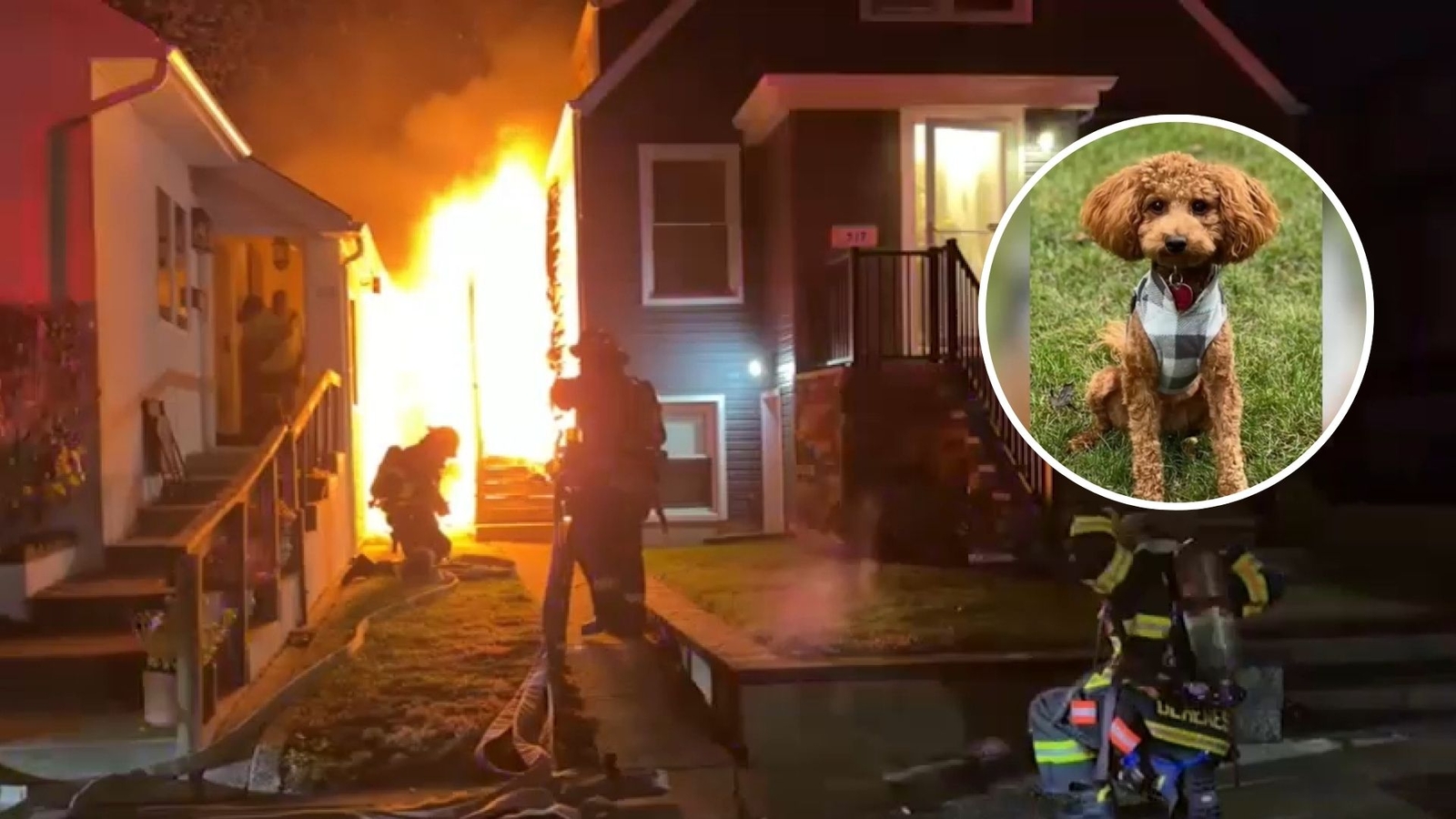 Brandort in Long Beach, New York, und Bildmaterial zu Chase. Quelle: WABC / Lawrence-Cedarhurst Fire Department / Getty.