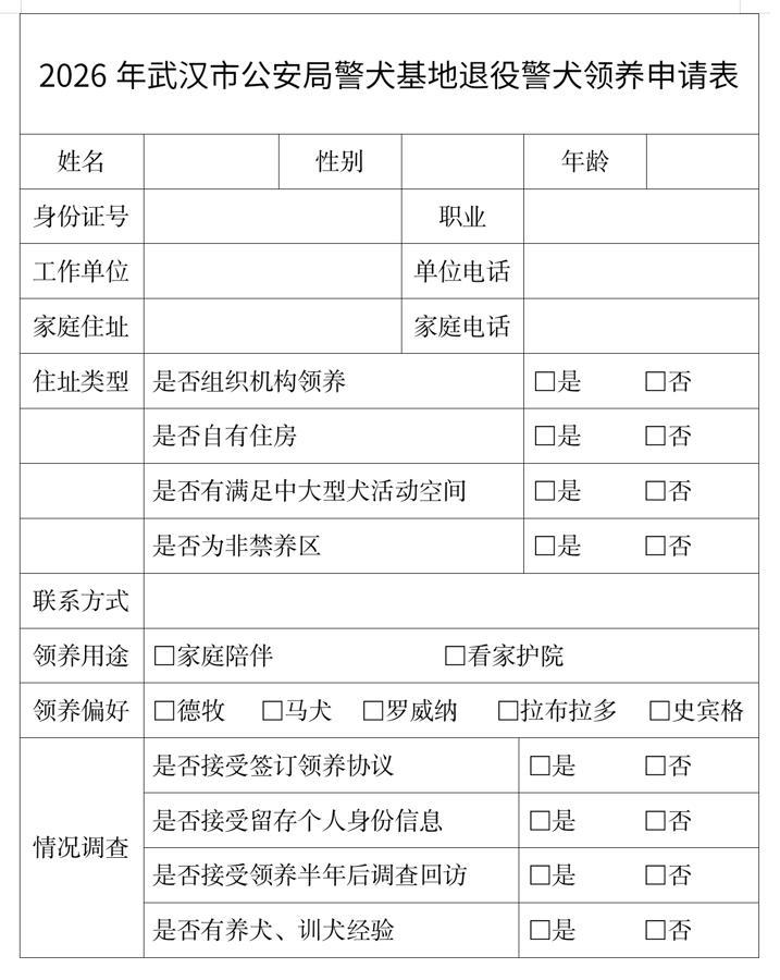 Adoptionsformular fuer pensionierte Polizeihunde der Polizeihundebasis Wuhan im Jahr 2026. Bildquelle: Jimu News.
