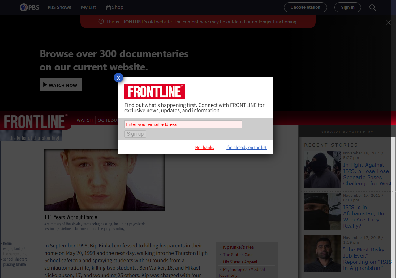 Screenshot von PBS-FRONTLINE-Materialien zum Verfahren gegen Kip Kinkel, genutzt zur Dokumentation der offentlichen Quelle.