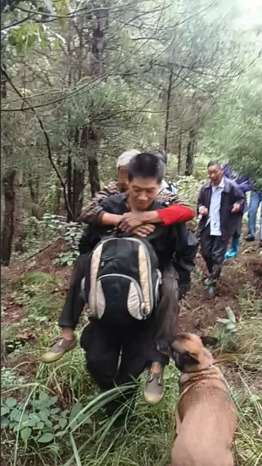 Ein Polizist traegt die Seniorin aus dem Wald zurueck, Zhuifeng geht mit. Quelle: Hubei Daily.