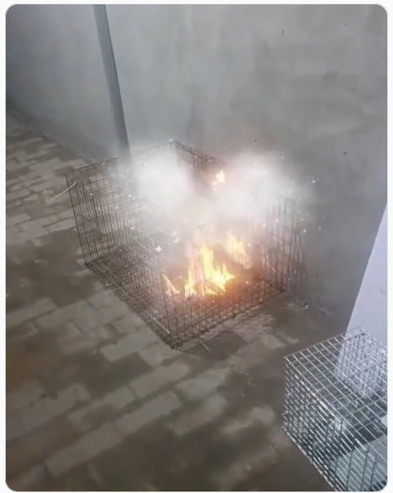 Mutmaßlicher Videoframe mit Käfig, Flammen und Rauch; der zentrale Bereich ist stark verpixelt. Originallink, Aufnahmezeit und veröffentlichendes Konto sind noch zu prüfen.