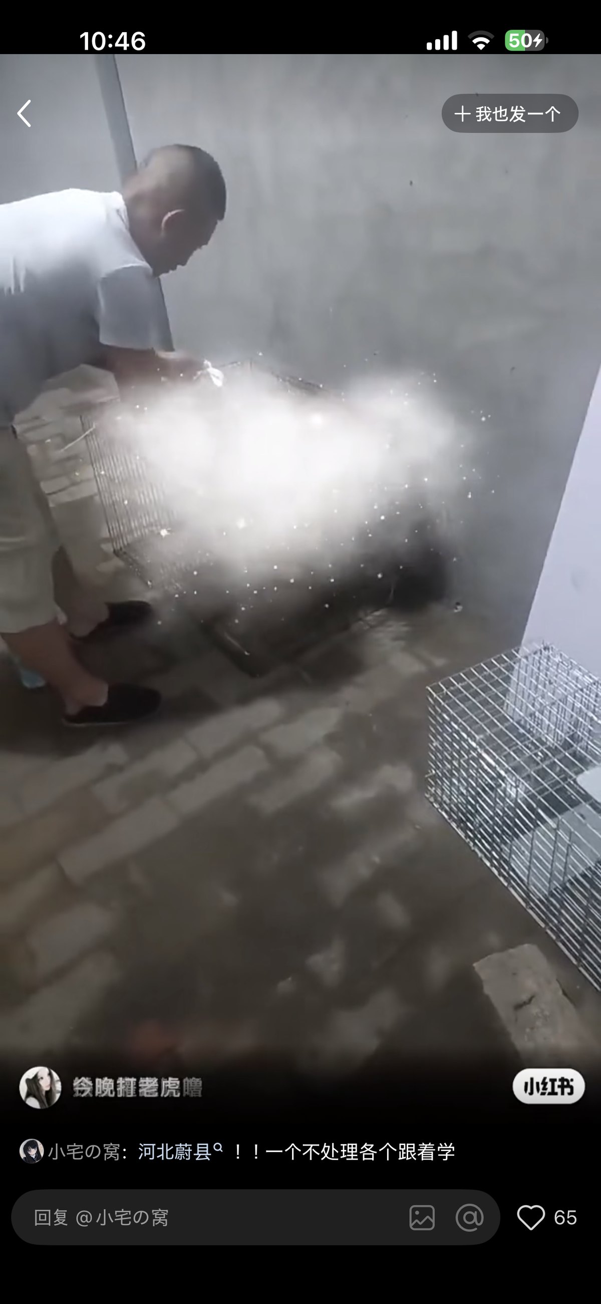 Xiaohongshu-Videoscreenshot; sichtbar ist mutmaßlich das Konto „小宅の窝“ und Text zu Hebei Yu Xian. Im Bild erscheinen Käfig und Rauch.